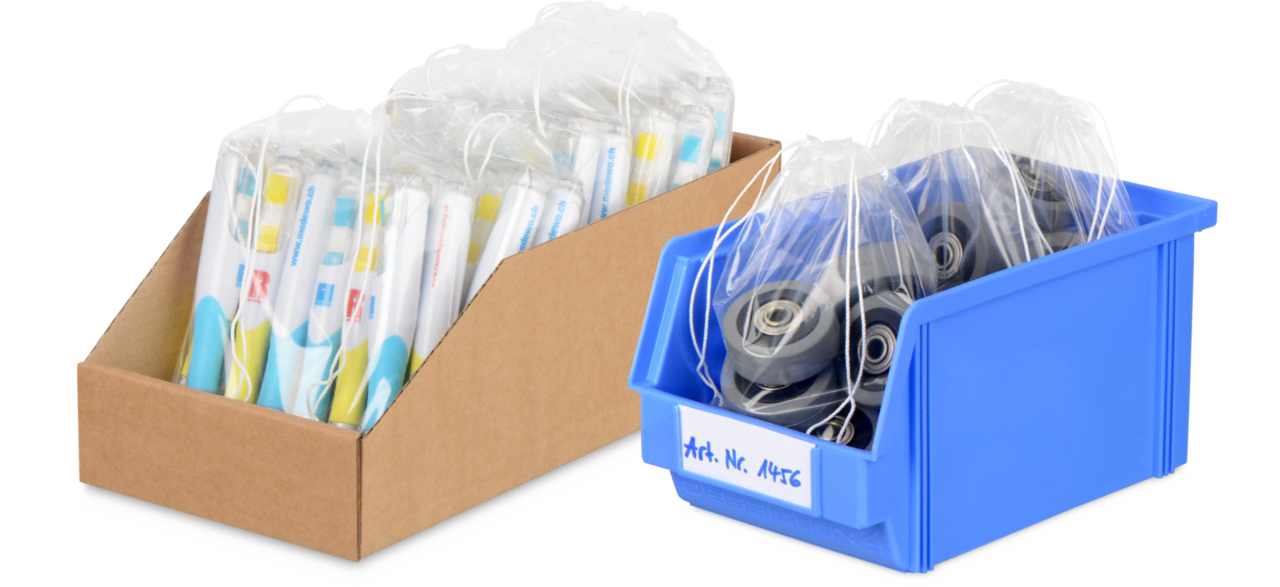 Lagerboxen und Lagersichtkästen sind ideal, um daraus Waren zu entnehmen und sie in den Beuteln zu kommissionieren bzw. bereits gepackte Beutel zu ordnen.