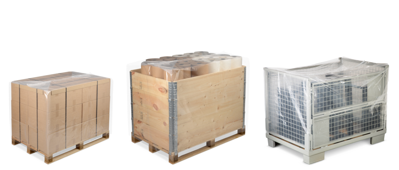Für jede Paletten-Höhe gibt es die passende Hülle. Zudem sind die Abdeckhauben auch als Einlagesack verwendbar.