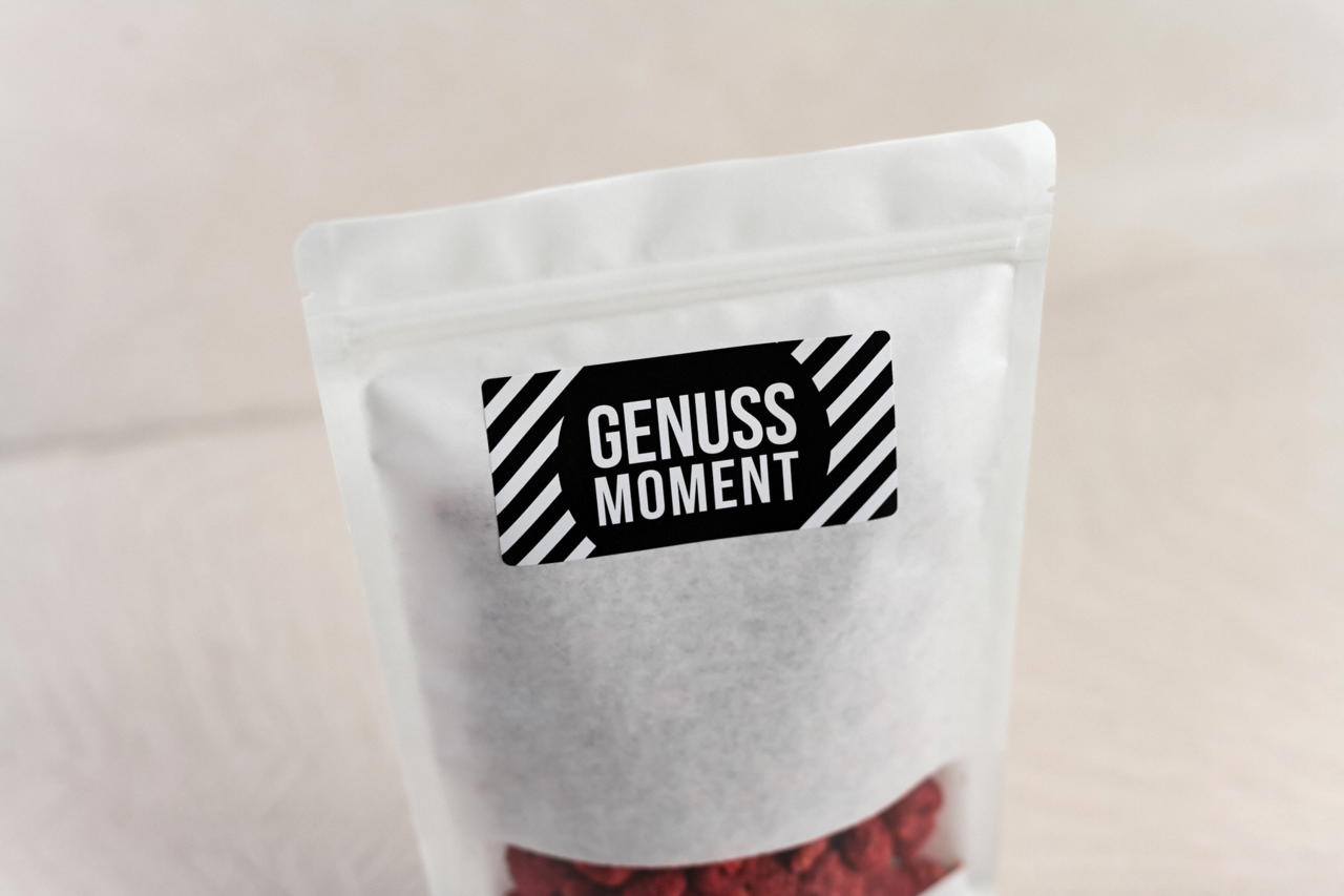 zum Verzieren der Verpackung Motiv-Etikette auf Standbodenbeutel aufkleben
