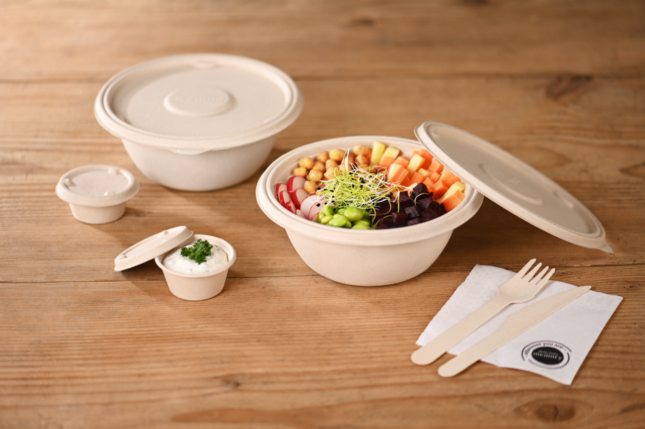 Dressingbecher aus Bagasse & Deckel