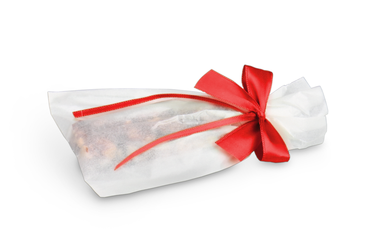 nachhaltig und ressourcenschonend verpackt – unser Flachbeutel aus Pergaminpapier in Kombination mit der Schleife aus Recyclingmaterial