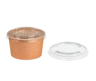 Deckel aus rPET zu Feinkostbecher aus Pappe braun