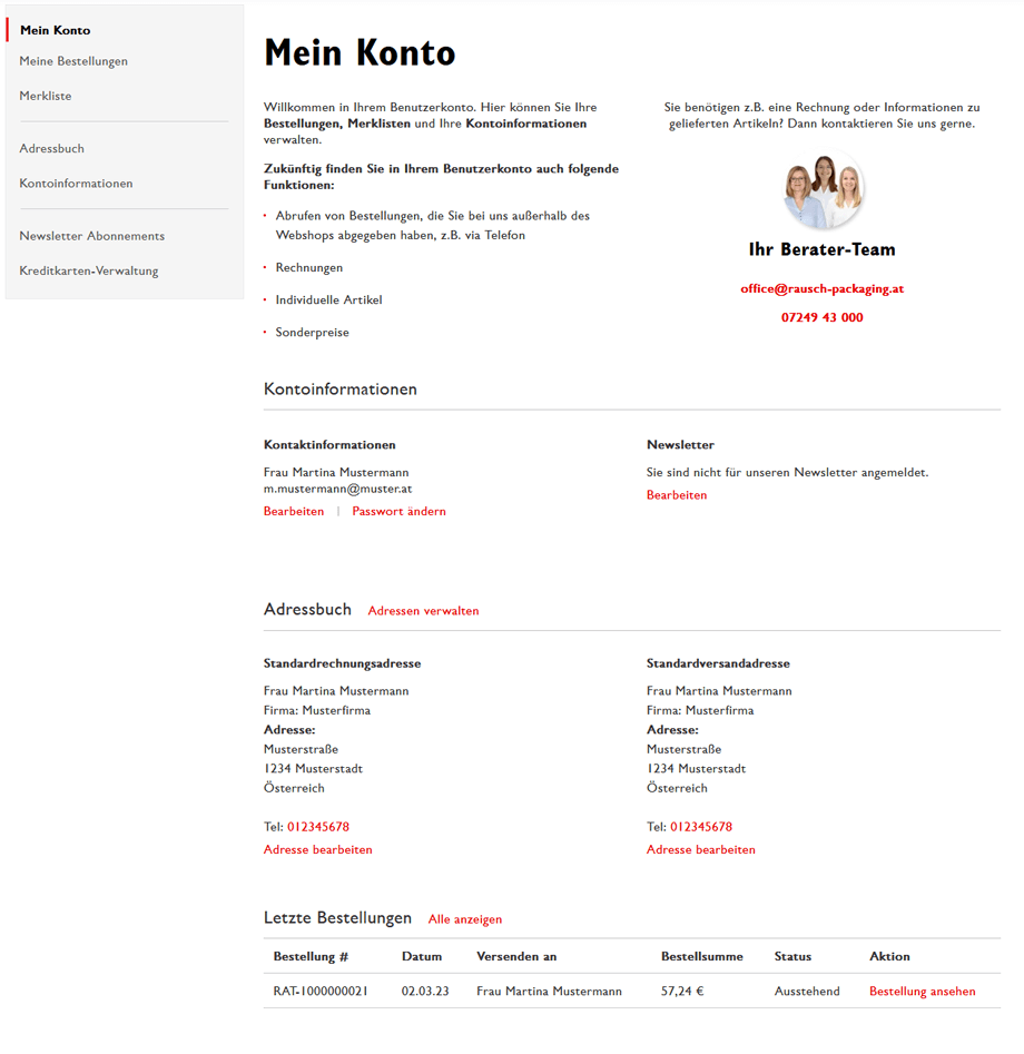 Benutzerkonto des B2B Online-Shops von RAUSCH Benutzerkonto des B2B Online-Shops von RAUSCH