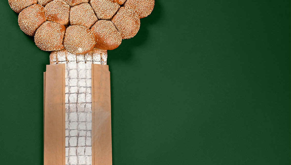 Brötchen und Bäckerfaltenbeutel