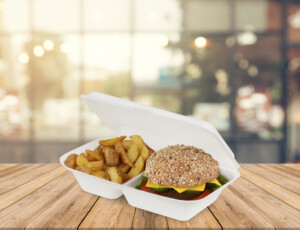 Burger und Potato Wedges in Bagasse Menubox