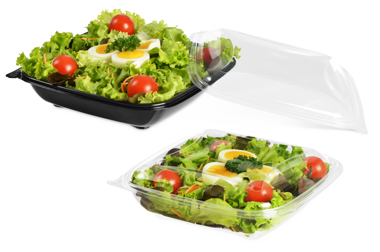 Plat à salade en PET rectangulaire avec couvercle
