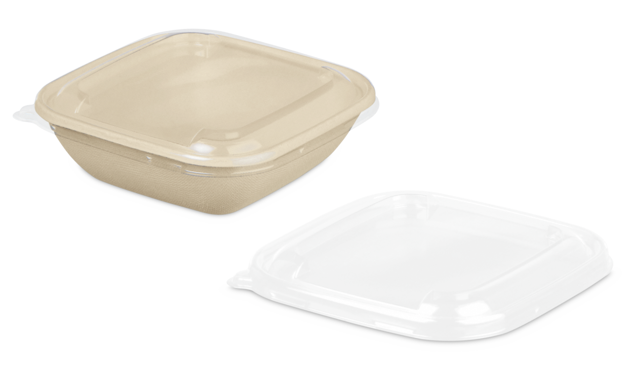 Couvercle en rPET pour bol en bagasse rectangulaire