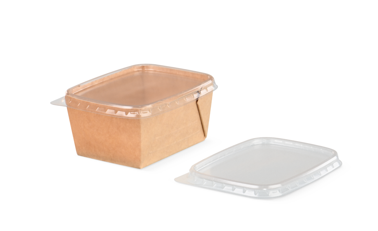 Couvercle en PP pour barquette traiteur en carton brun rectangulaire
