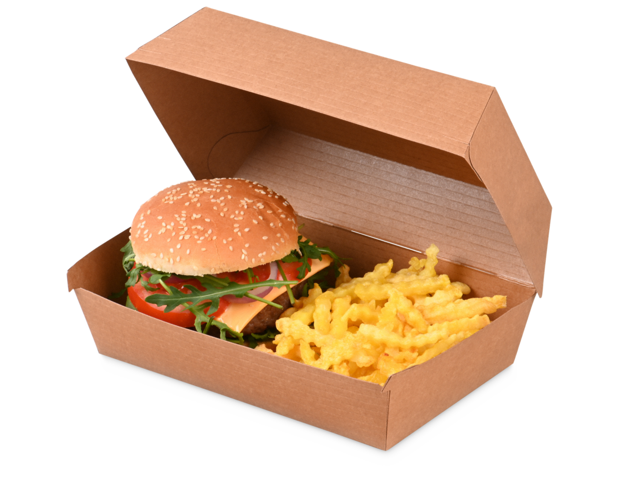 La boîte longue offre suffisamment de place pour accueillir un burger ainsi que des snacks ou des accompagnements 