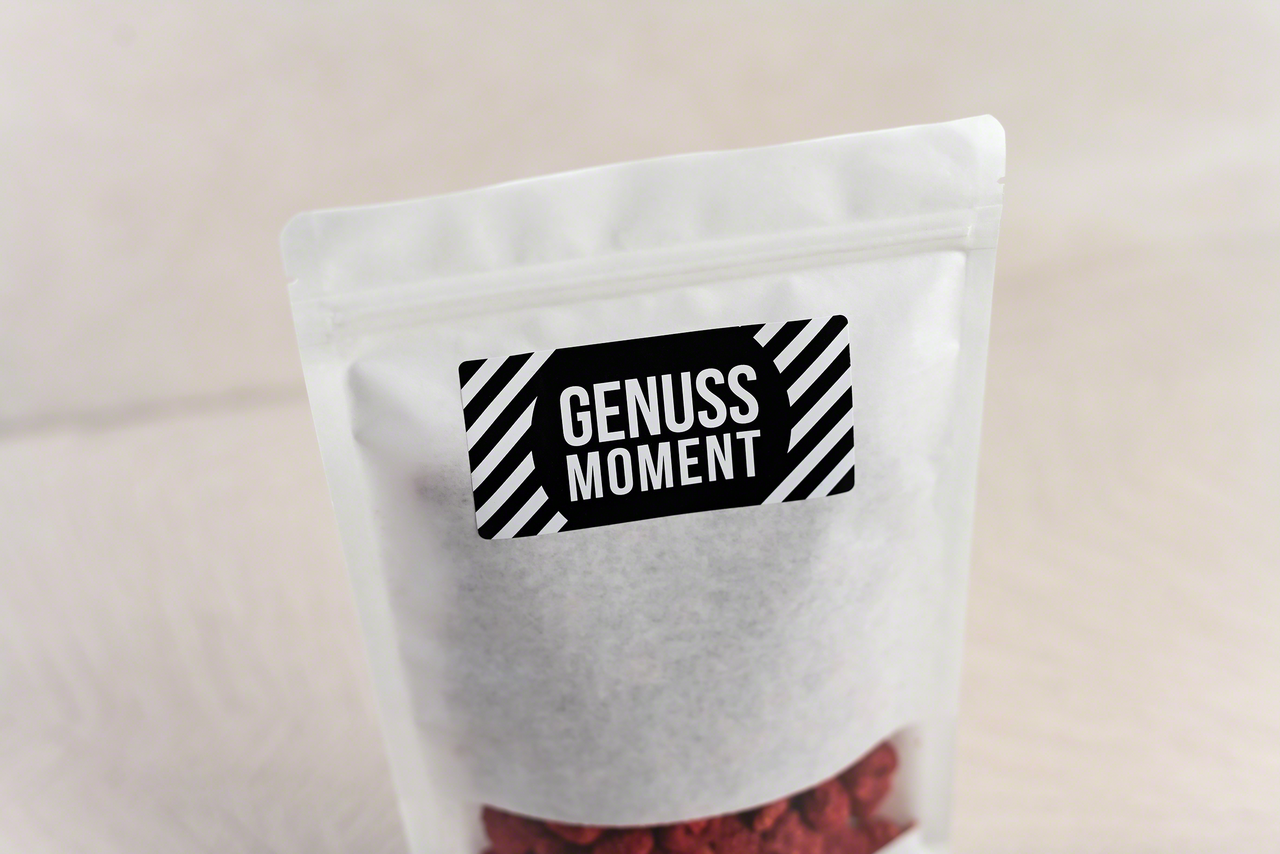 «Genussmoment» (moment de plaisir): design sobre, bicolore, par exemple pour décorer des sachets autoporteurs 