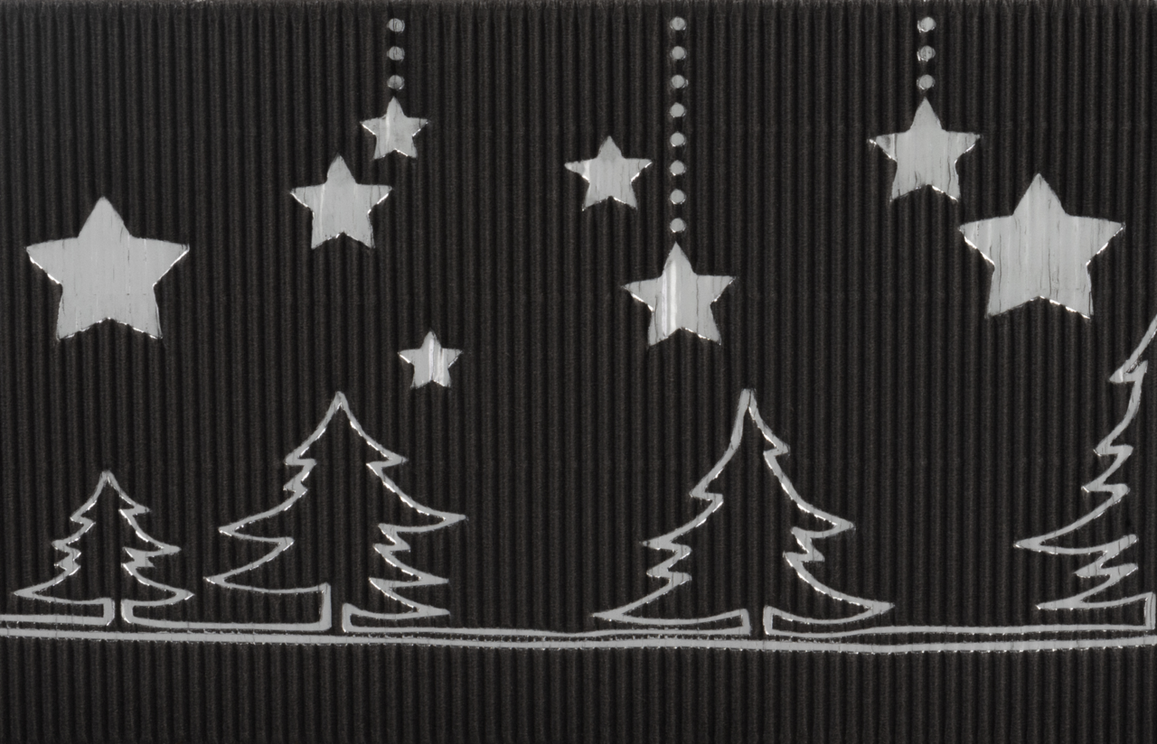 Motif «Eclat de Noël»: estampage à chaud en argent sur carton anthracite à cannelure ouverte