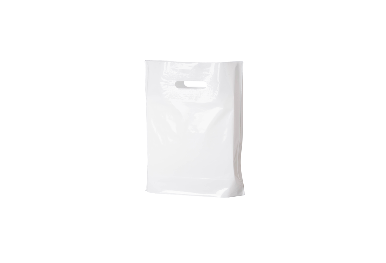PE Sac à emporter DKT 300×350+(2×40) mm, blanc, 50 µm, à poignée découpée