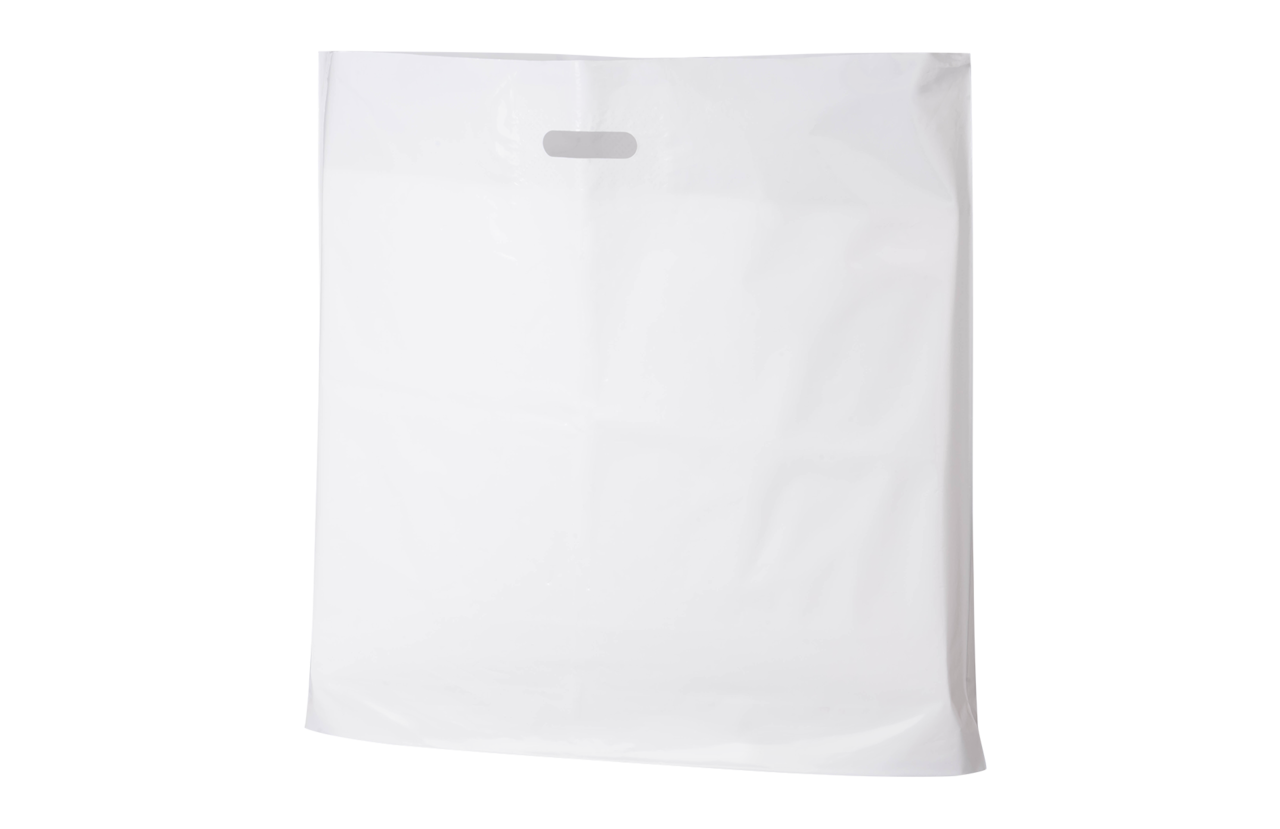 PE Sac à emporter DKT 600×550+(2×50) mm, blanc, 70 µm, à poignée découpée