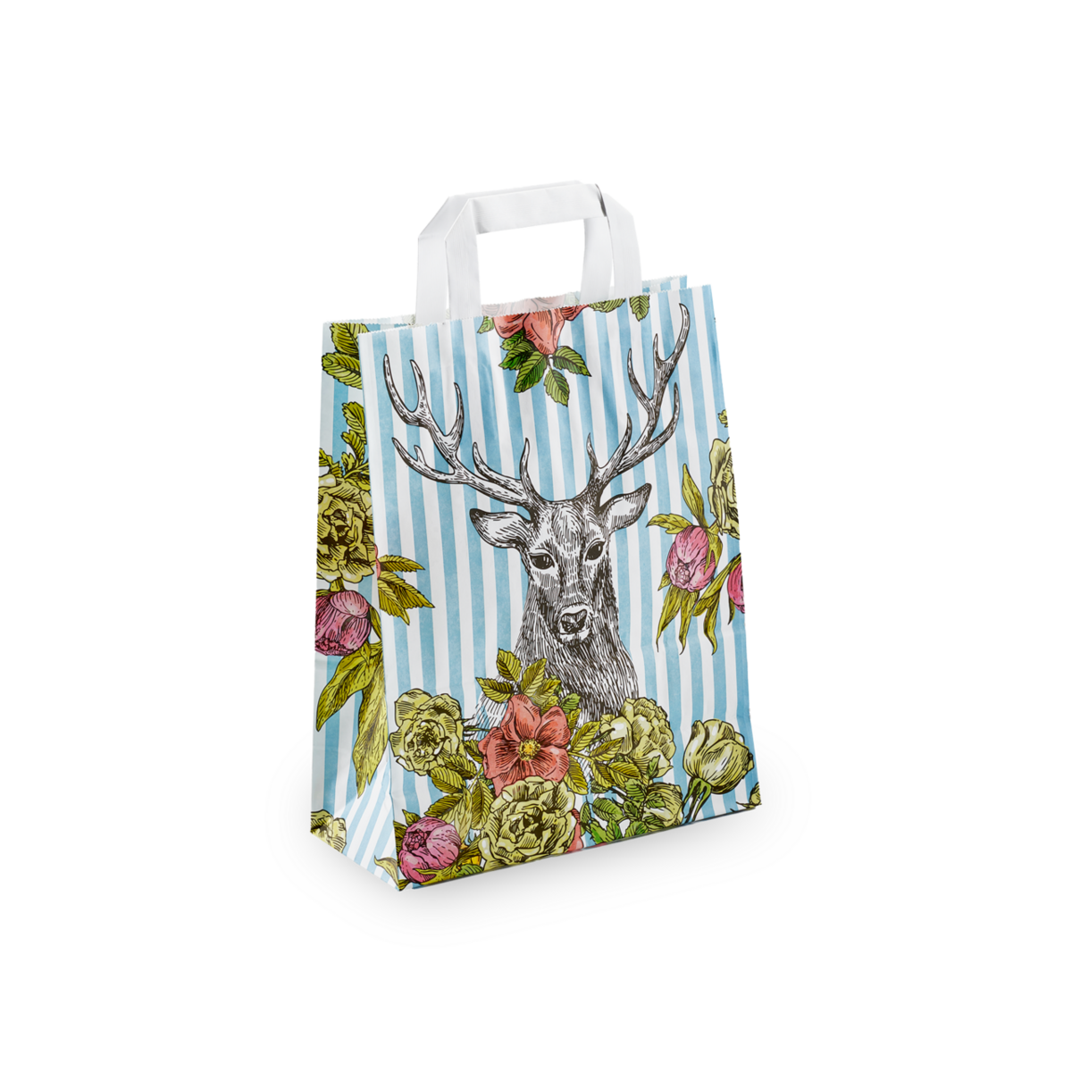 Sac en papier 320×120×400 mm «cerf», blanc, 80 g/m², poignées plates