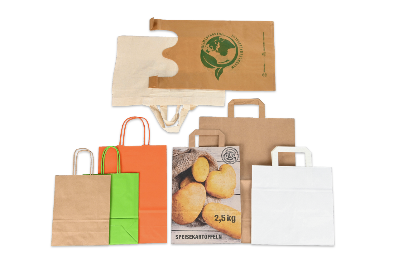 Paquet d’échantillons variés de sacs – découvrez différents matériaux, tailles et designs de sacs à emporter en papier et en tissu pour tous les besoins.