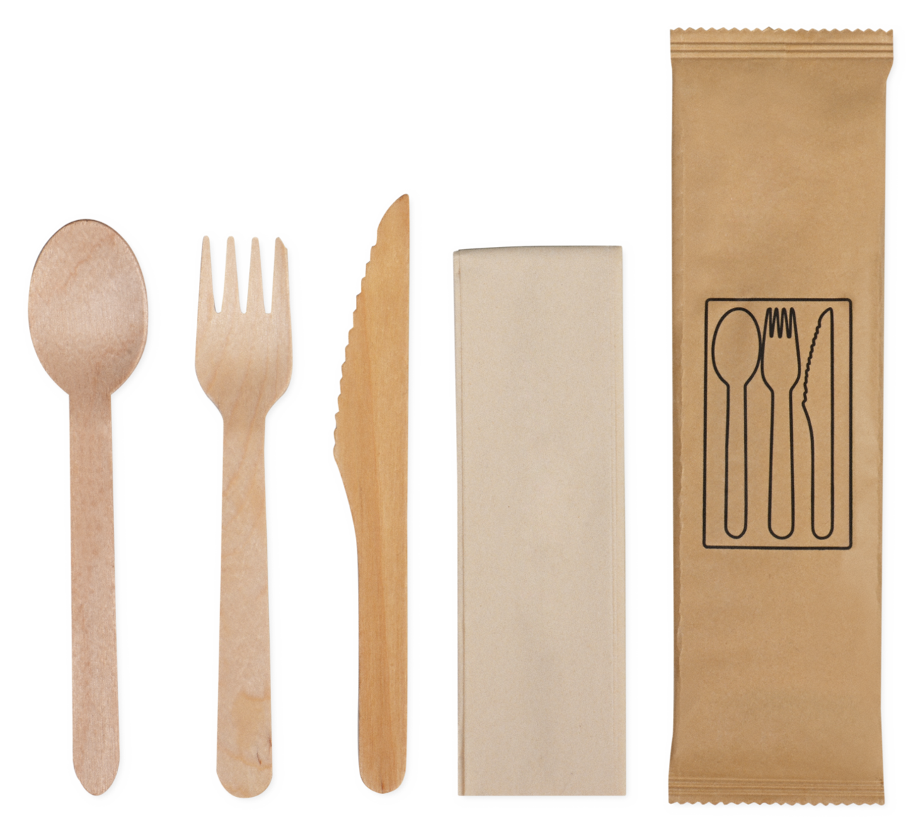 Set à couverts en bois ciré: couteau, fourchette, serviette