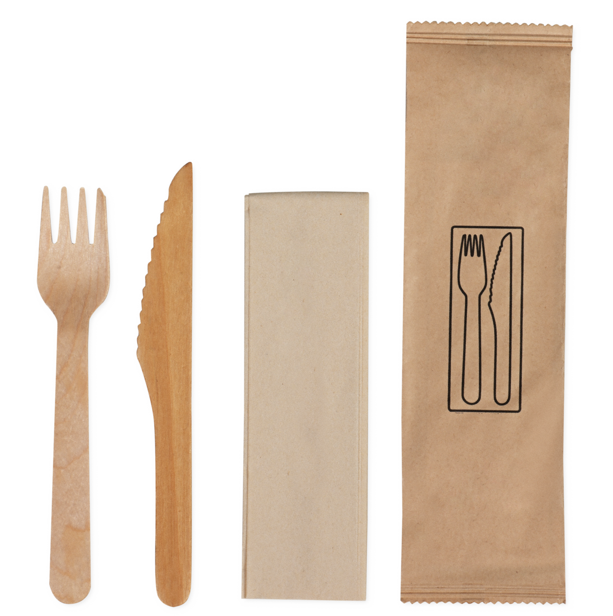 Set à couverts en bois ciré: couteau, fourchette, serviette