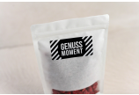«Genussmoment» (moment de plaisir): design sobre, bicolore, par exemple pour décorer des sachets autoporteurs 