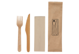 Set à couverts en bois ciré: couteau, fourchette, serviette