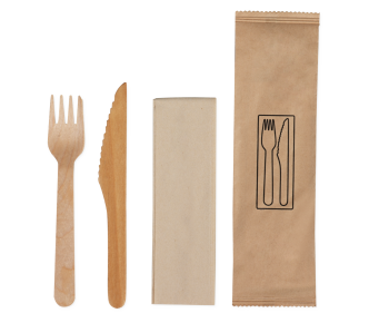 Set à couverts en bois ciré: couteau, fourchette, serviette
