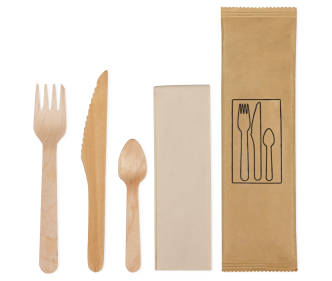 Set à couverts en bois ciré: couteau, fourchette, cuillère à café, serviette