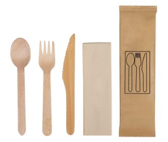Set à couverts en bois ciré: couteau, fourchette, cuillère, serviette