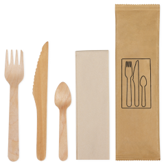 Set à couverts en bois ciré: couteau, fourchette, cuillère à café, serviette