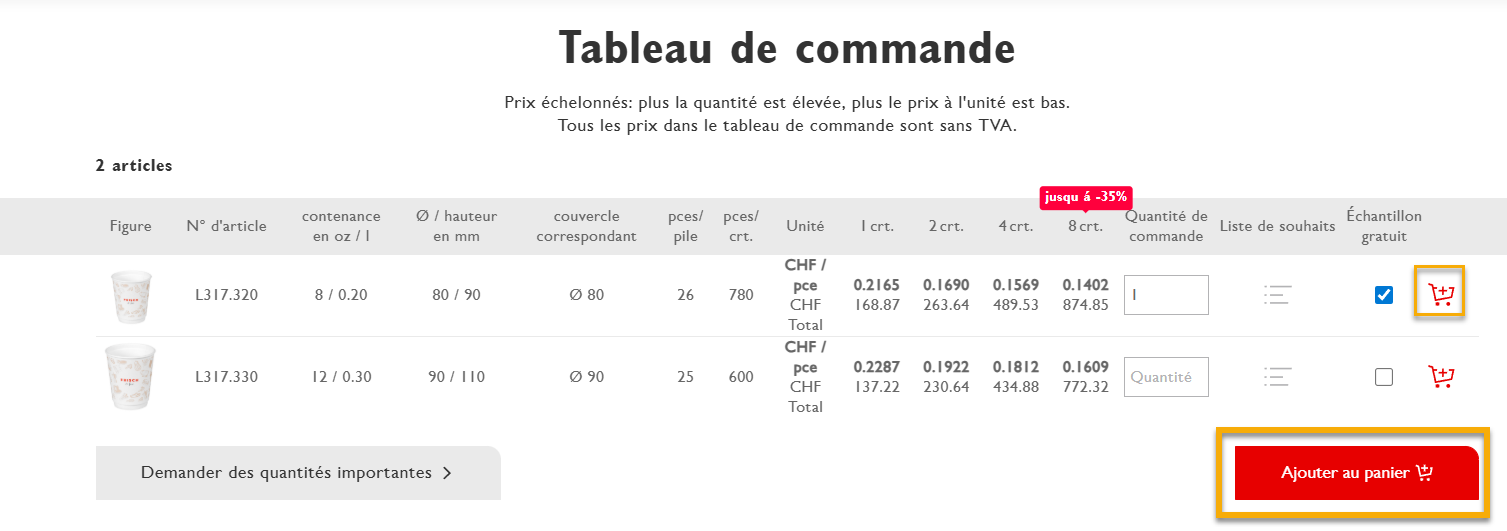 Ajouter des échantillons au panier