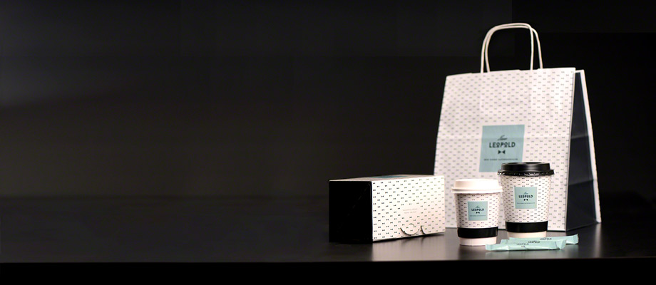 Individuell bedruckte Verpackungen des Kaffeehaus Leopold