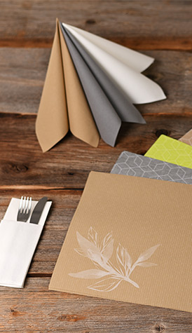 Servietten, Tischsets und Besteck auf Holztisch