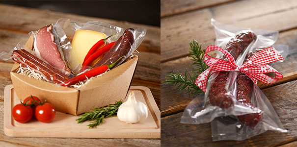 Wurst als Geschenk verpackt in Vakuumbeutel und Geschenkkorb Wurst als Geschenk verpackt in Vakuumbeutel und Geschenkkorb