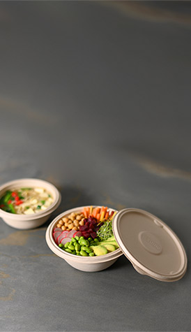 Runde Bagasse-Schalen mit Speisen Runde Bagasse-Schalen mit Speisen