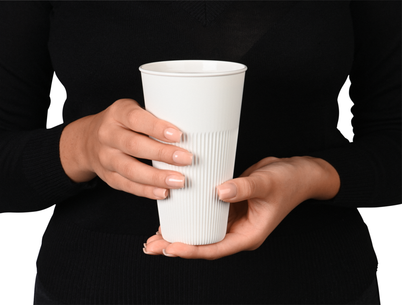 durch die Luftzirkulation zwischen den Rillen lässt sich der Kaffeebecher mit heissem Inhalt angenehm halten