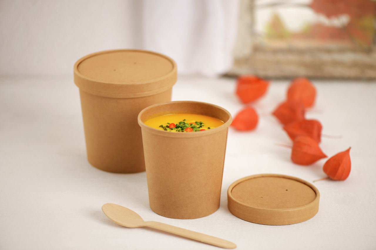 mit optionalem Deckel und Holzbesteck ideal für eine umweltbewusste To-go-Verpackung geeignet