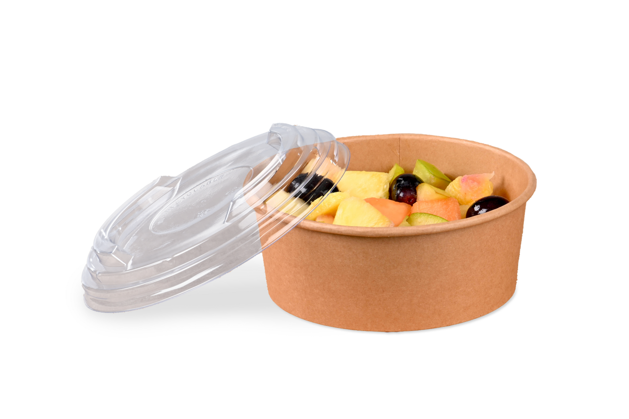 Der rPet-Deckel ist passend zur Salatschale aus Pappe rund.