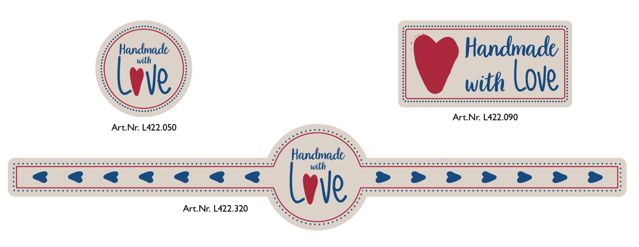 Design «Handmade with Love» finden Sie in unserem Web-Shop in 3 Ausführungen – zum Verzieren und Verschliessen
