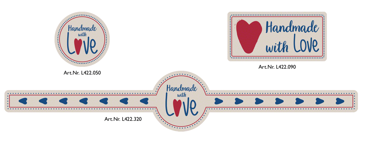 Design «Handmade with Love» finden Sie in unserem Web-Shop in 3 Ausführungen – zum Verzieren und Verschliessen