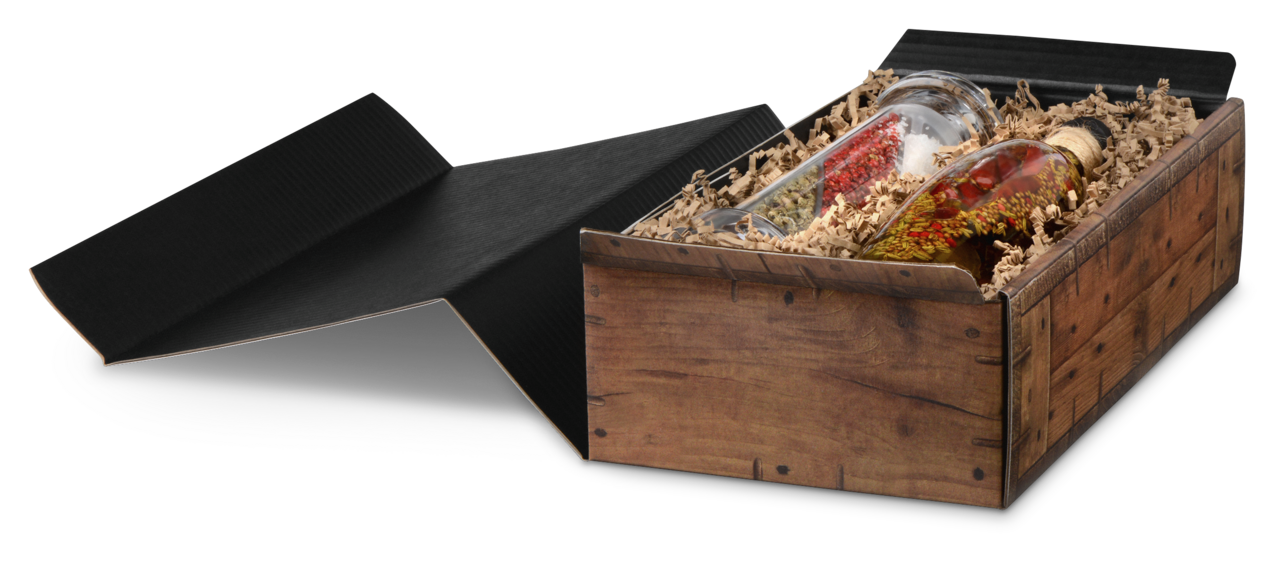 Präsentkarton für 2 Flaschen – ein stilvolles Geschenk für Essig, Öl und andere Köstlichkeiten.
