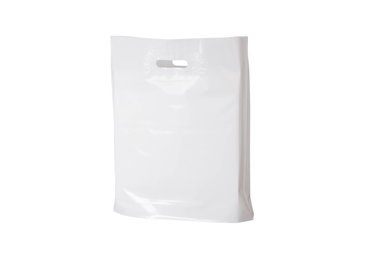 PE-Tragetasche DKT 400×450+(2×40) mm, weiss, 60 µm, mit Griffloch