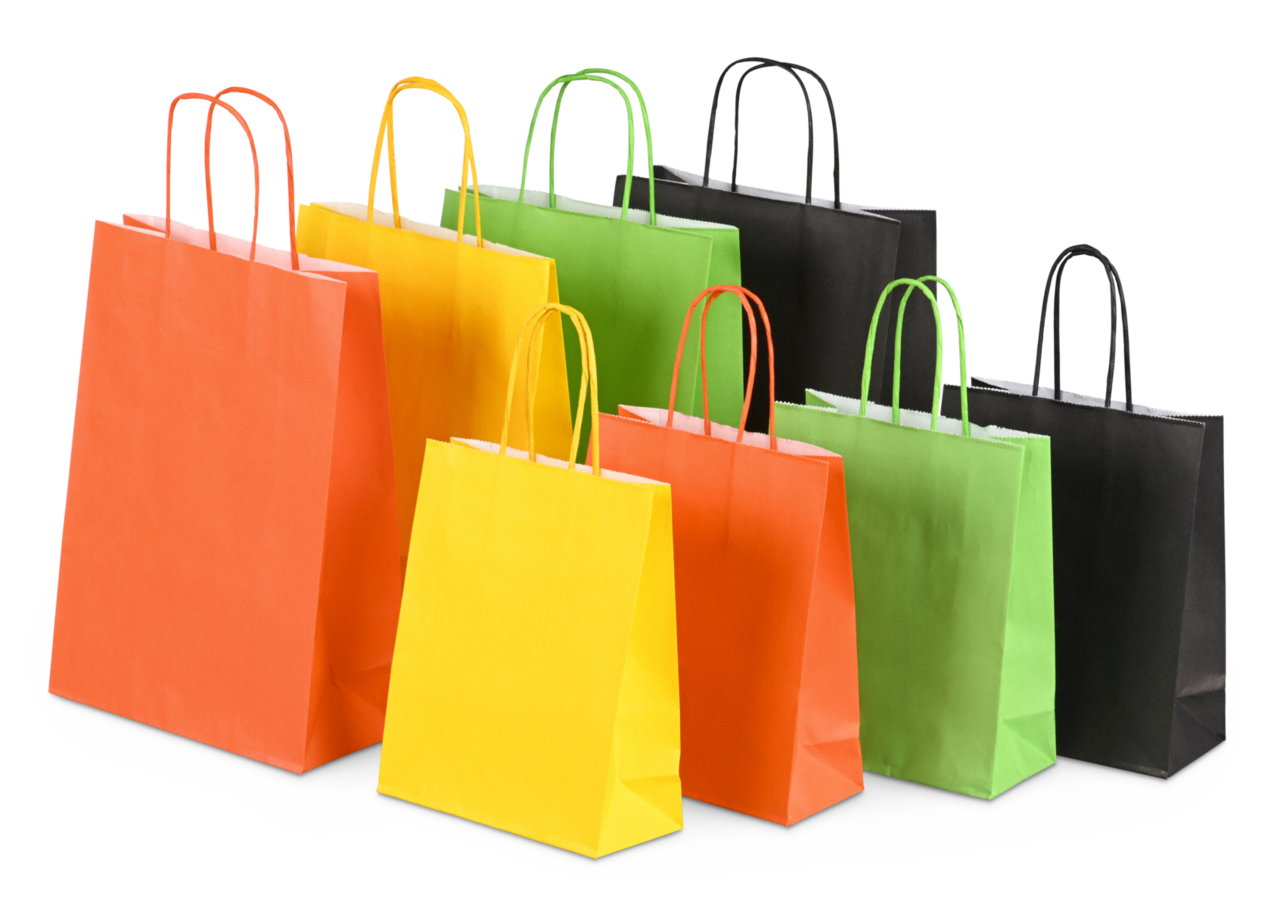 Papiertaschen in verschiedenen Grössen und Farben wie Gelb, Grün, Orange und Schwarz erhältlich 