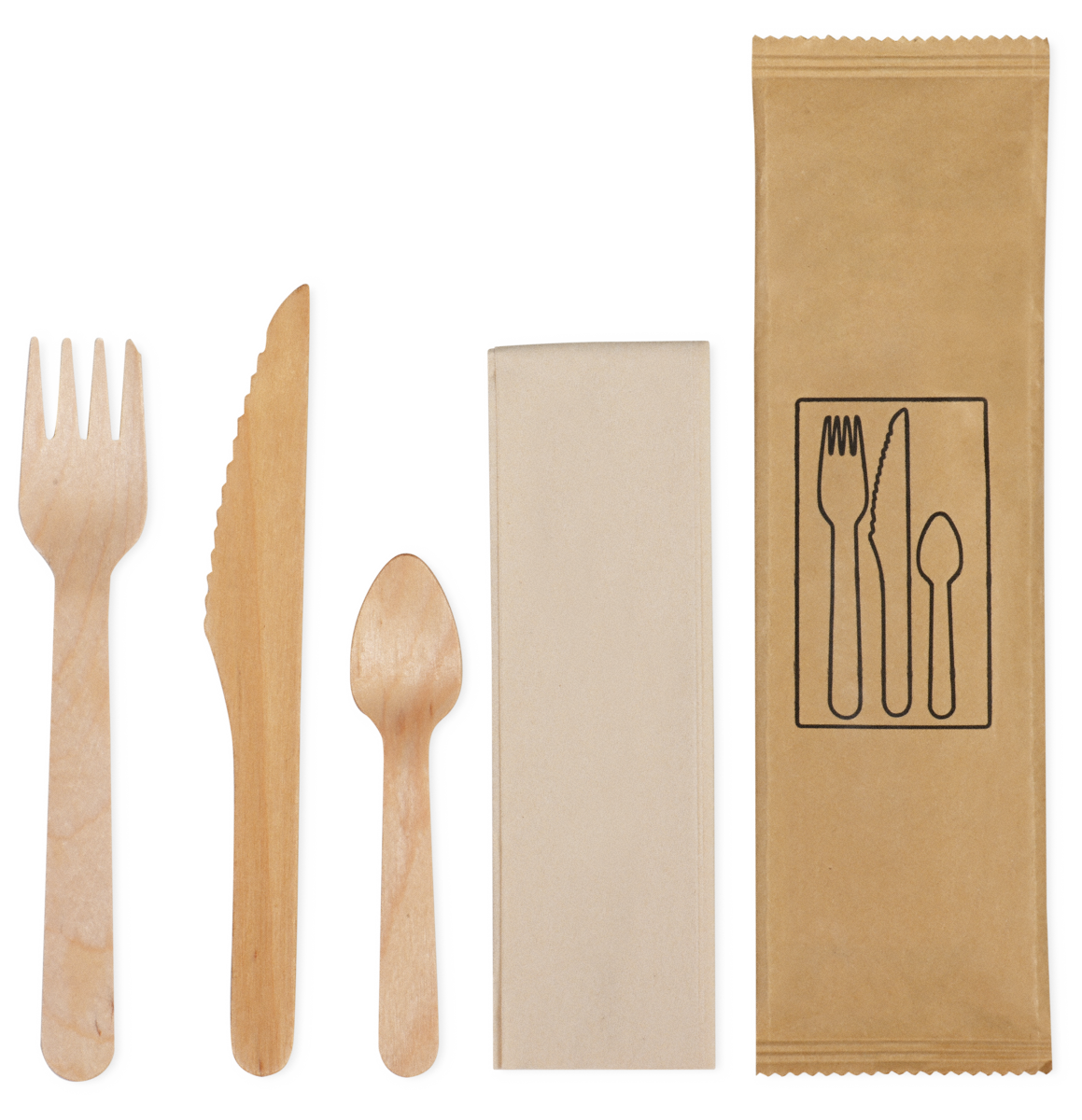 Besteckset aus Holz gewachst: Messer, Gabel, Kaffeelöffel, Serviette