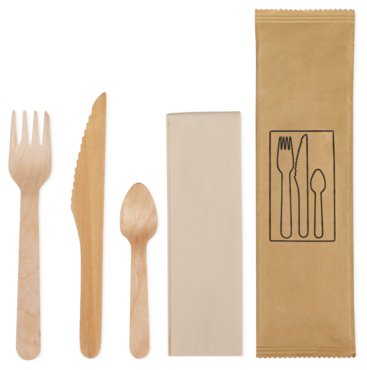 Besteckset aus Holz gewachst: Messer, Gabel, Kaffeelöffel, Serviette