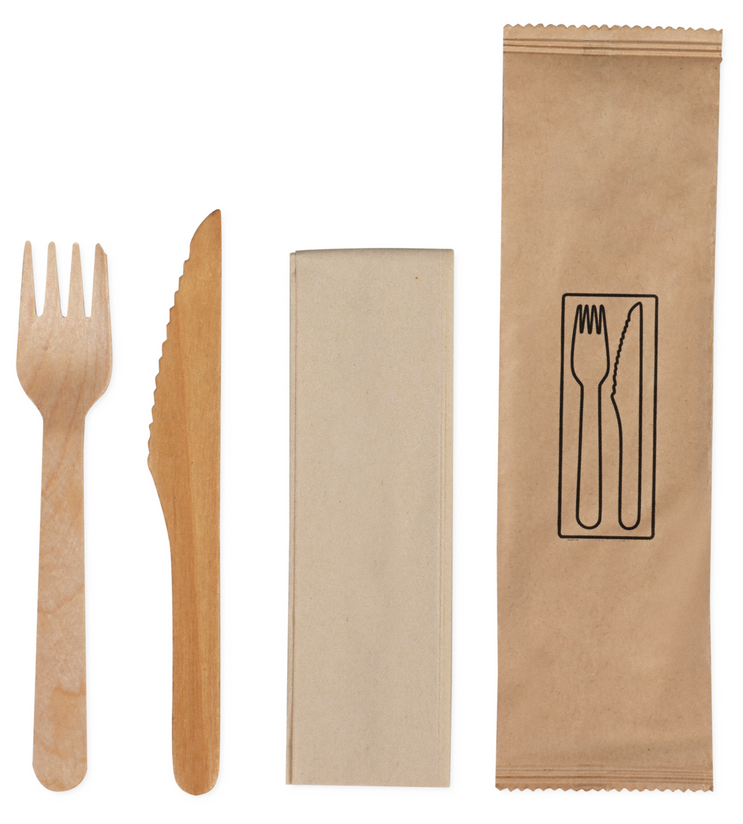 Besteckset aus Holz gewachst: Messer, Gabel, Löffel, Serviette