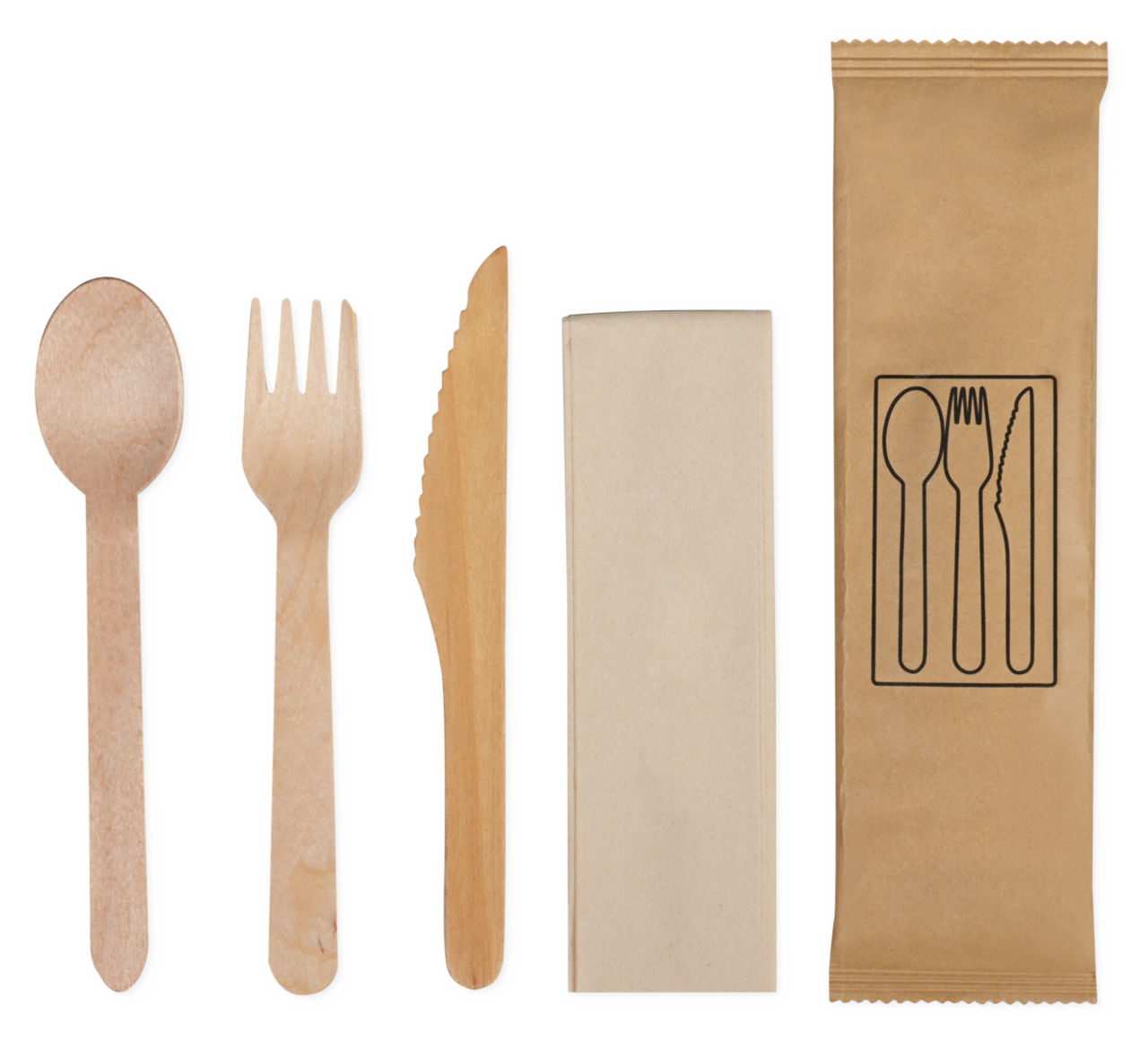 Besteckset aus Holz gewachst: Messer, Gabel, Löffel, Serviette
