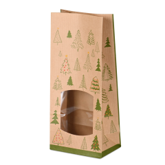 Blockbodenbeutel, 135×80×310 mm, braun Kraft, PE-beschichtet, mit Sichtfenster «Waldweihnacht»