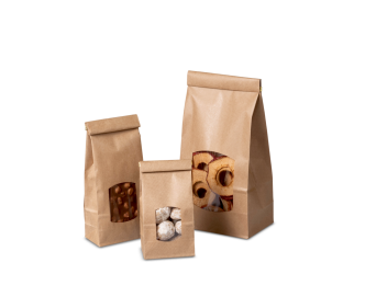 Blockbodenbeutel aus Kraftpapier mit Sichtfenster