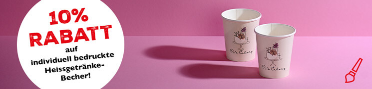 Werbebanner zu bedruckten Kaffeebecher auf rosa Hintergrund