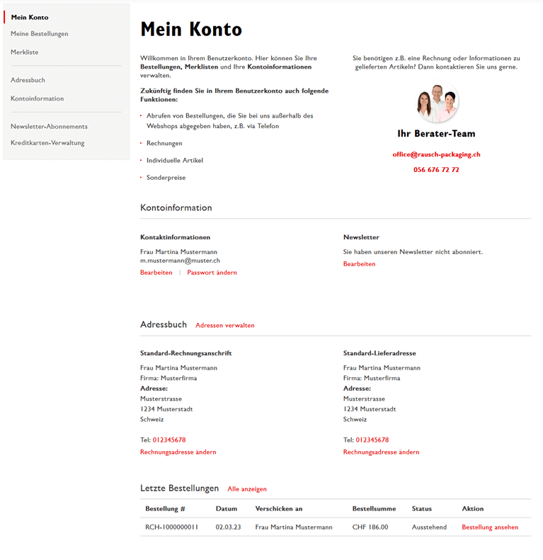 Benutzerkonto des B2B Online-Shops von RAUSCH