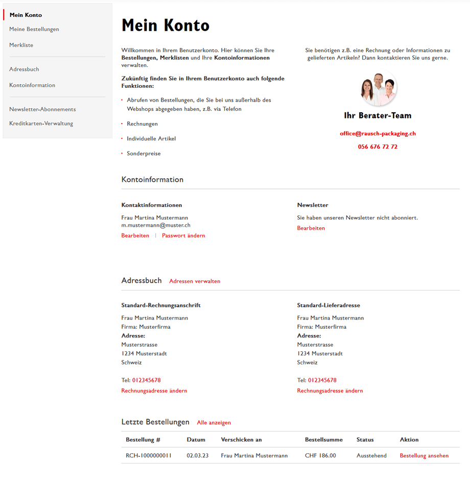 Benutzerkonto des B2B Online-Shops von RAUSCH