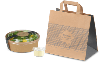 Zum Musterpaket «Take-away» → Salatschale, Dippbecher und Tragetasche für Take-away
